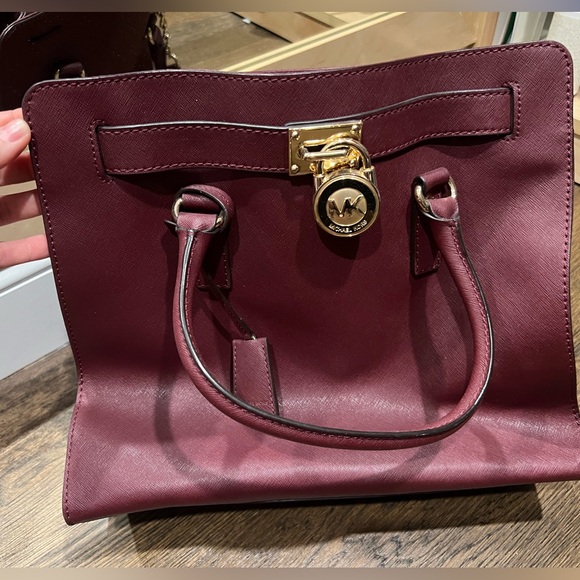 Michael Kors Hamilton Burgundy Leather Satchel with Top Handle and Long Chain - Picture 1 of 2